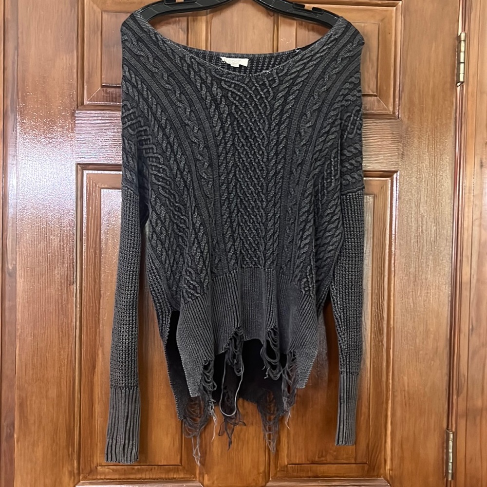 Gray Scoop-Neck Distressed Sweater